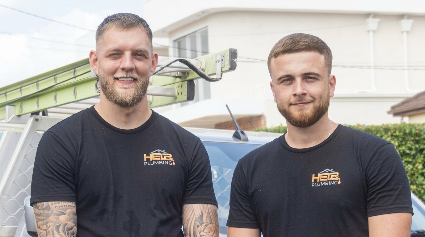 Thomas and James, directors of Help Plumbing, beside the work van in Sydney