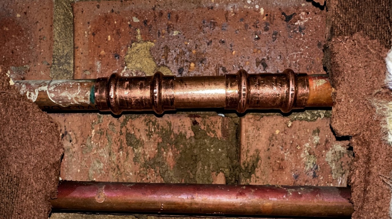 Emergency copper pipe repair work on a Sydney brick wall