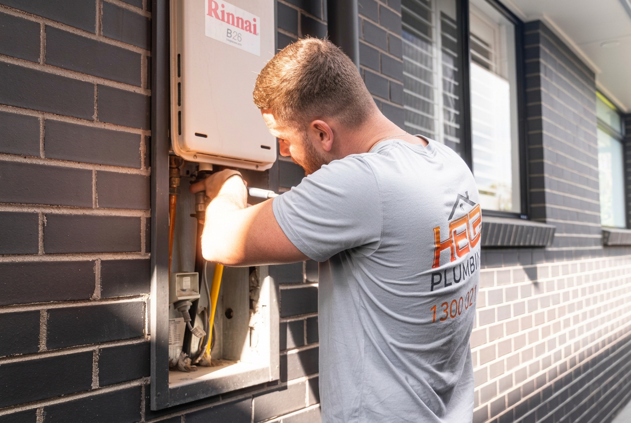 Help Plumbing tradesman working on a hot water unit in a Sydney home